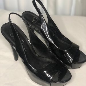 Black patent open toe slingbacks